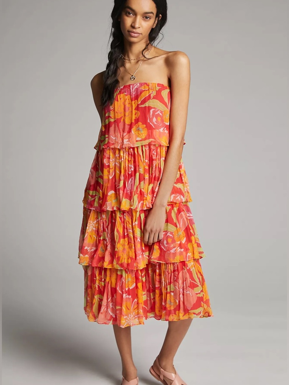 NWT Anthropologie Tiered Strapless Midi Dress  Coral Floral Boho Resort S Small